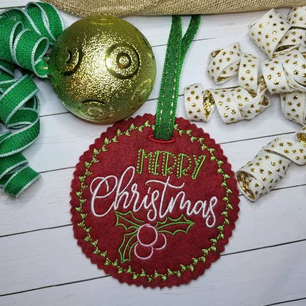 ITH Christmas Bag Tag Embroidery Design, Merry Christmas Ornament